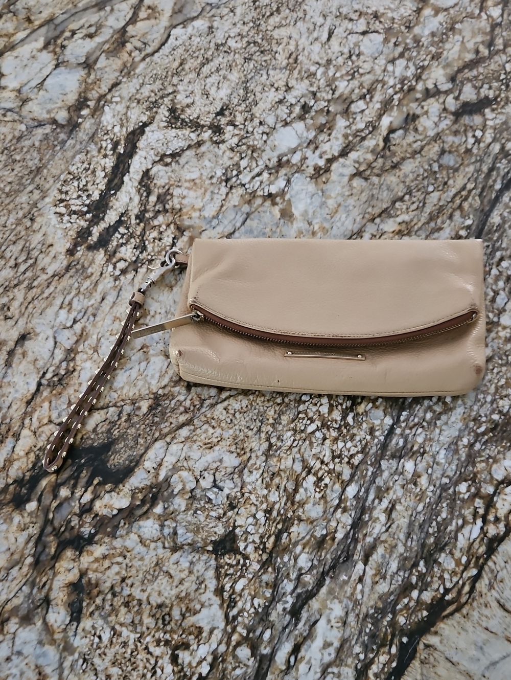 BRAHMIN Authentic Neutral Beige Leather Wristlet Clutch - Elegant Everyday Bag